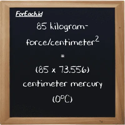 How to convert kilogram-force/centimeter<sup>2</sup> to centimeter mercury (0<sup>o</sup>C): 85 kilogram-force/centimeter<sup>2</sup> (kgf/cm<sup>2</sup>) is equivalent to 85 times 73.556 centimeter mercury (0<sup>o</sup>C) (cmHg)